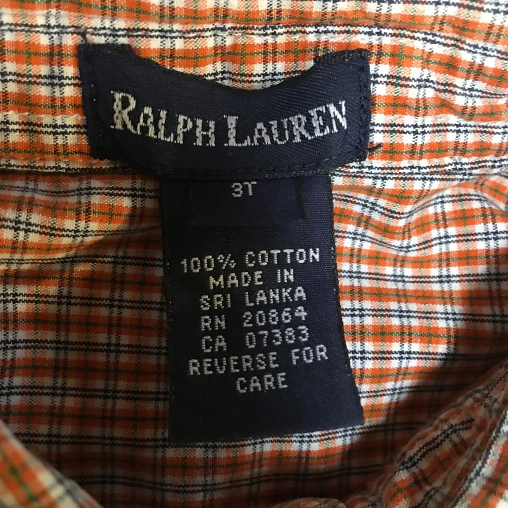 Ralph Lauren Button Down Shirt Boys 3T Orange Plaid Long Sleeve Pony Logo Preppy